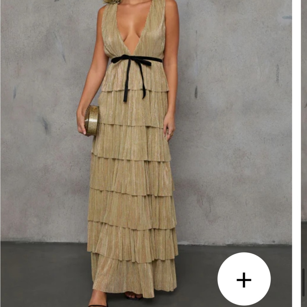 Gold/Green Ruffled Maxi with Plunge Neckline